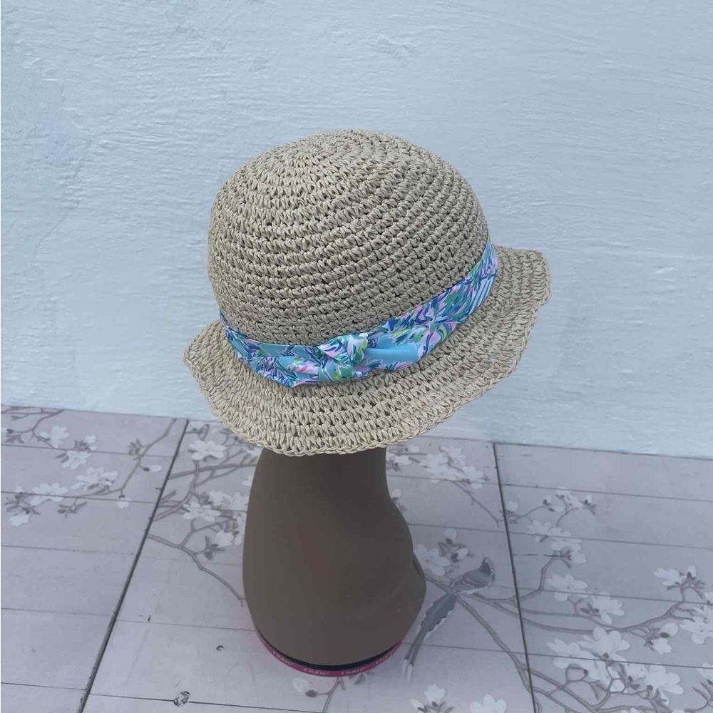 Lilly Pulitzer Tan Hat with Blue Floral Band